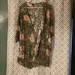 Olive Green Floral Print short sleeve Kimono